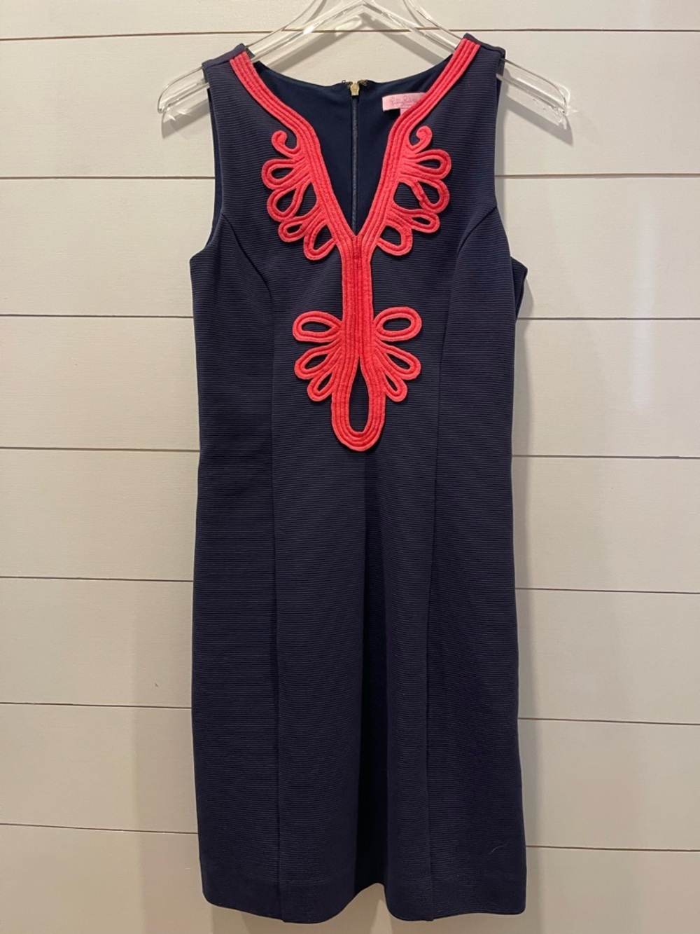 Lilly Pulitzer Janice Sleeveless Navy Sheath Dress Coral Trim Size Medium